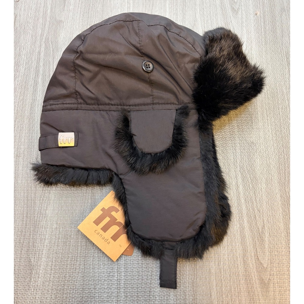 NEW frr Canada Black Rabbit Fur Aviator Trapper Hat‎ Water Repellant Large